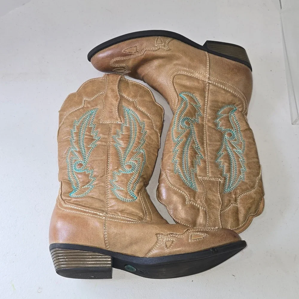 Flex West Liberty Kids Tan Western Cowgirl Boots Teal Embroidery Size 2M AB252